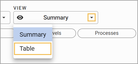 Drop-down menu showing options for viewing data: Summary and Table.